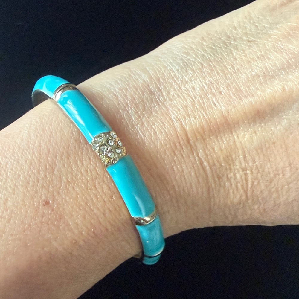 Gold Tone Turquoise Bangle Bracelet | Rhinestone Accents